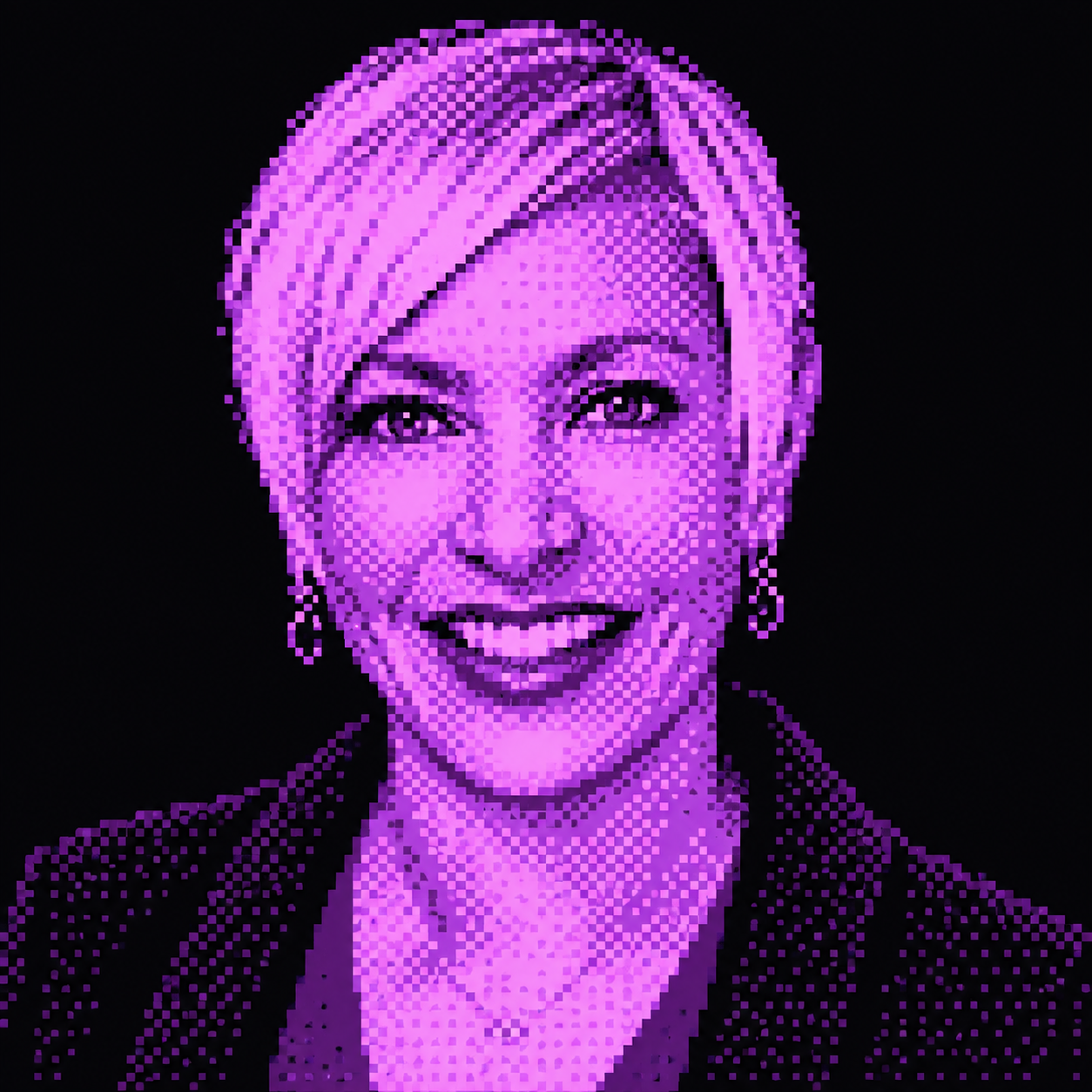 Purple pixel-art portrait of Amy Oswick