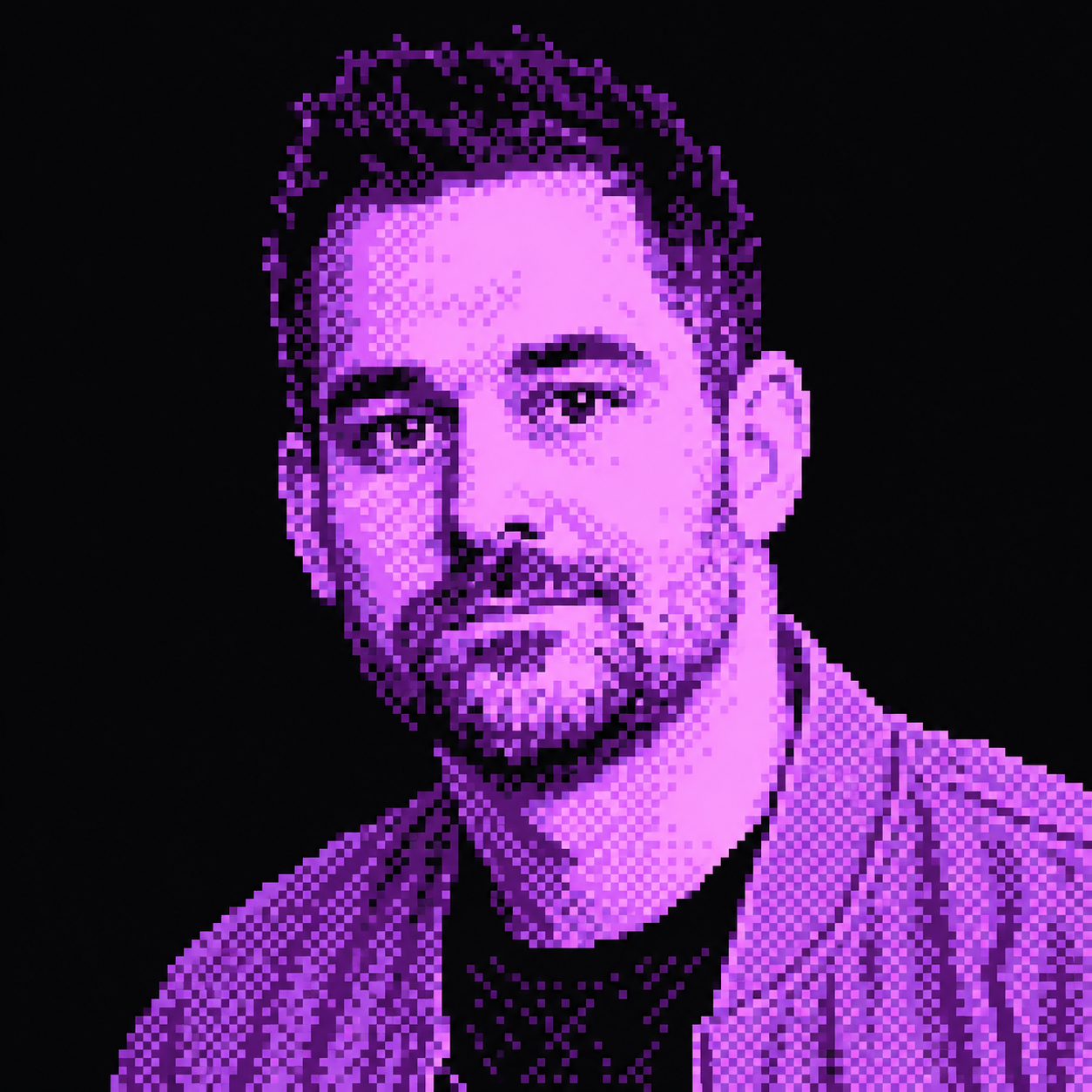 Purple pixel-art portrait of Stephen Gill