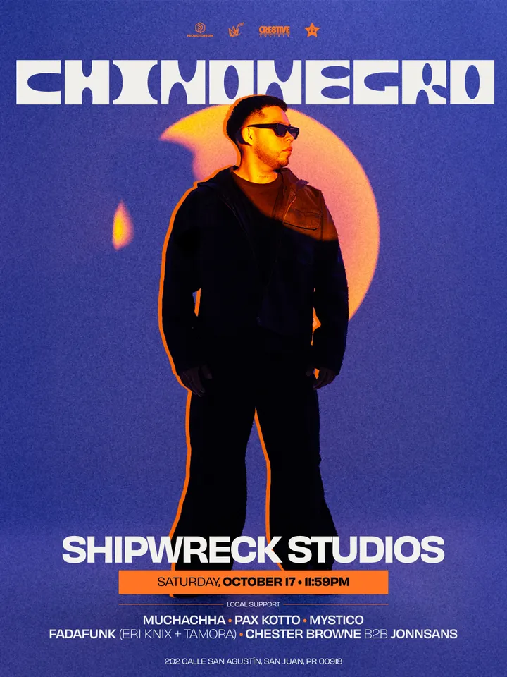 Flyer oficial de CHINONEGRO en Shipwreck Studios, sábado 17 de octubre