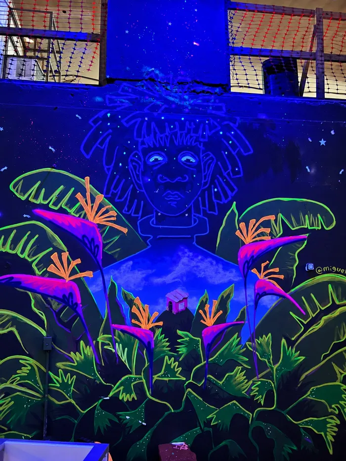 Mural fluorescente de un rostro entre hojas y aves del paraíso bajo luz negra