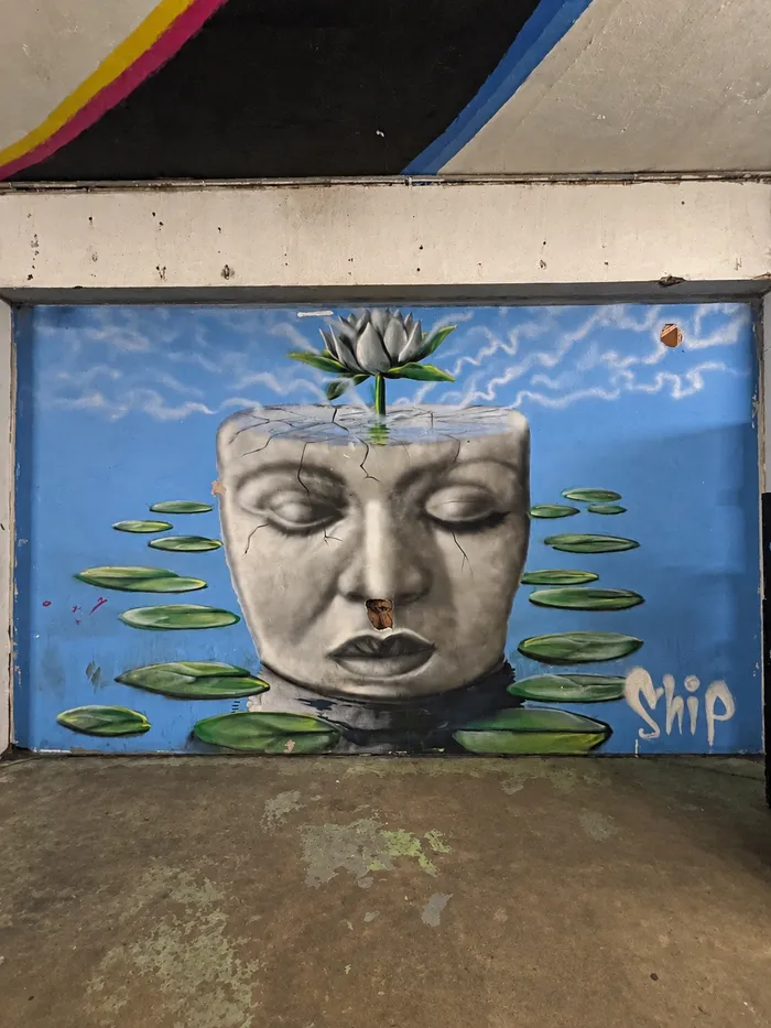 Mural de un rostro de piedra con una flor de loto que brota de la cabeza, rodeado de nenúfares